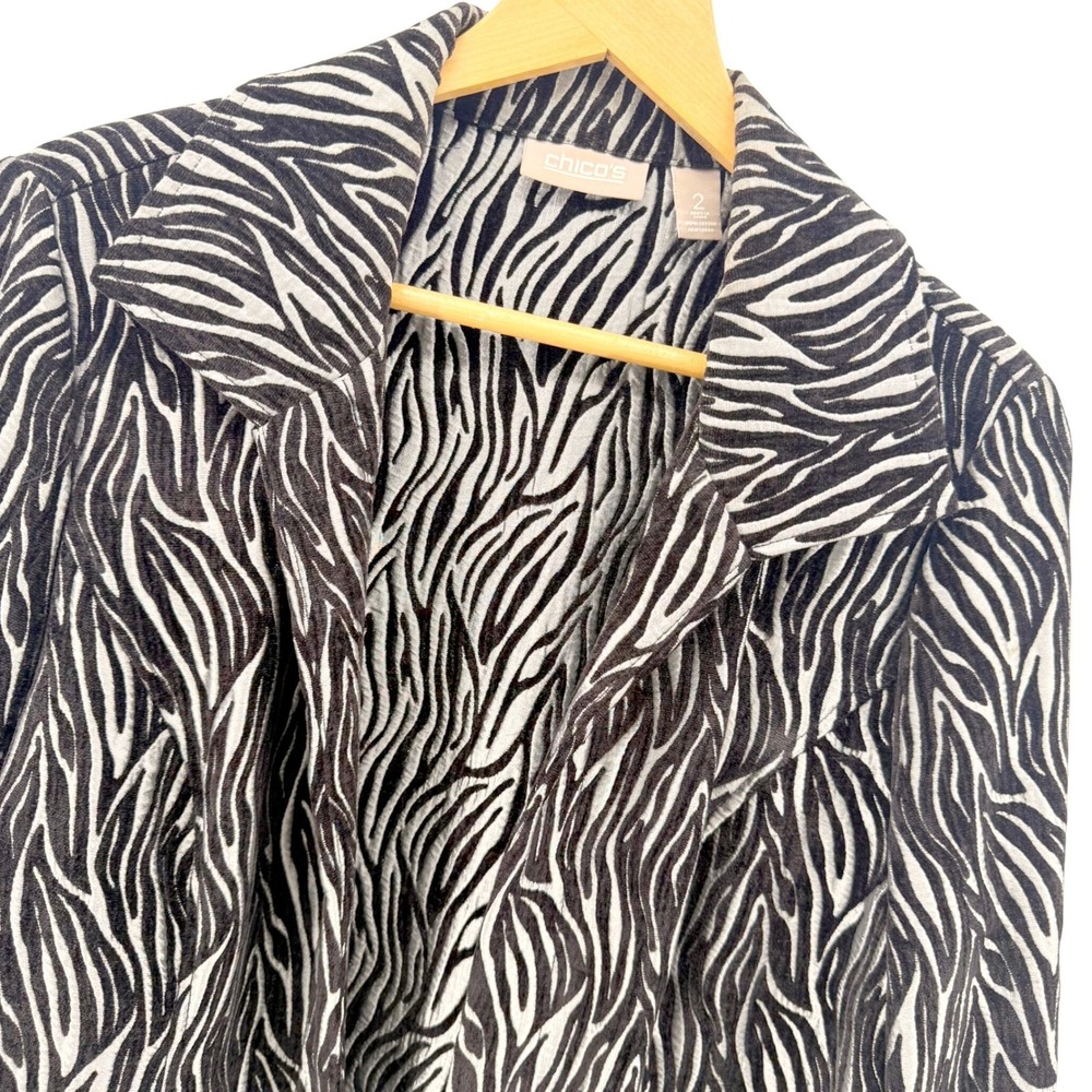 Chico's Blazer Women 2 Black Silver Zebra Print Open Front Velvet Burnout Jacket
